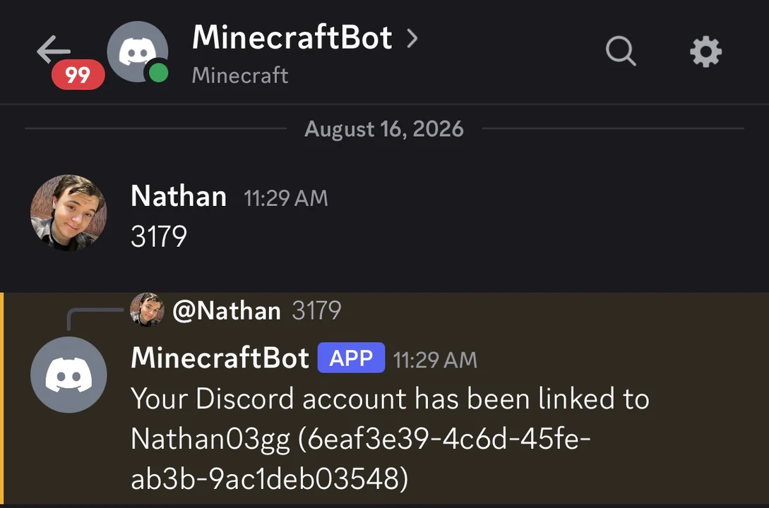 A Discord message from MinecraftBot confirming that the Minecraft account was linked.
