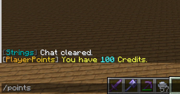 Minecraft chat showing /points and a balance of 100 Credits