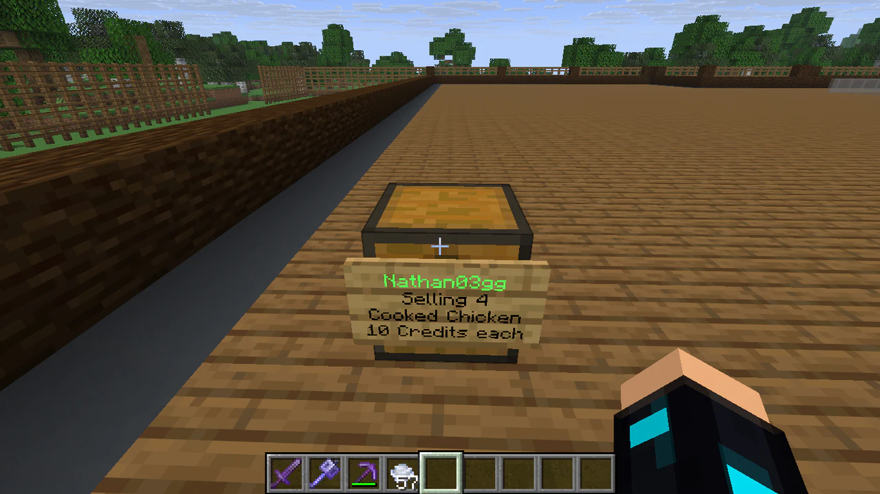 A completed QuickShop sign selling cooked chicken for 10 Credits each