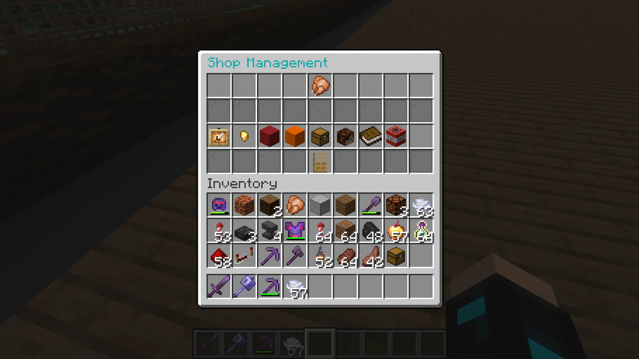 The QuickShop Shop Management menu with configuration icons