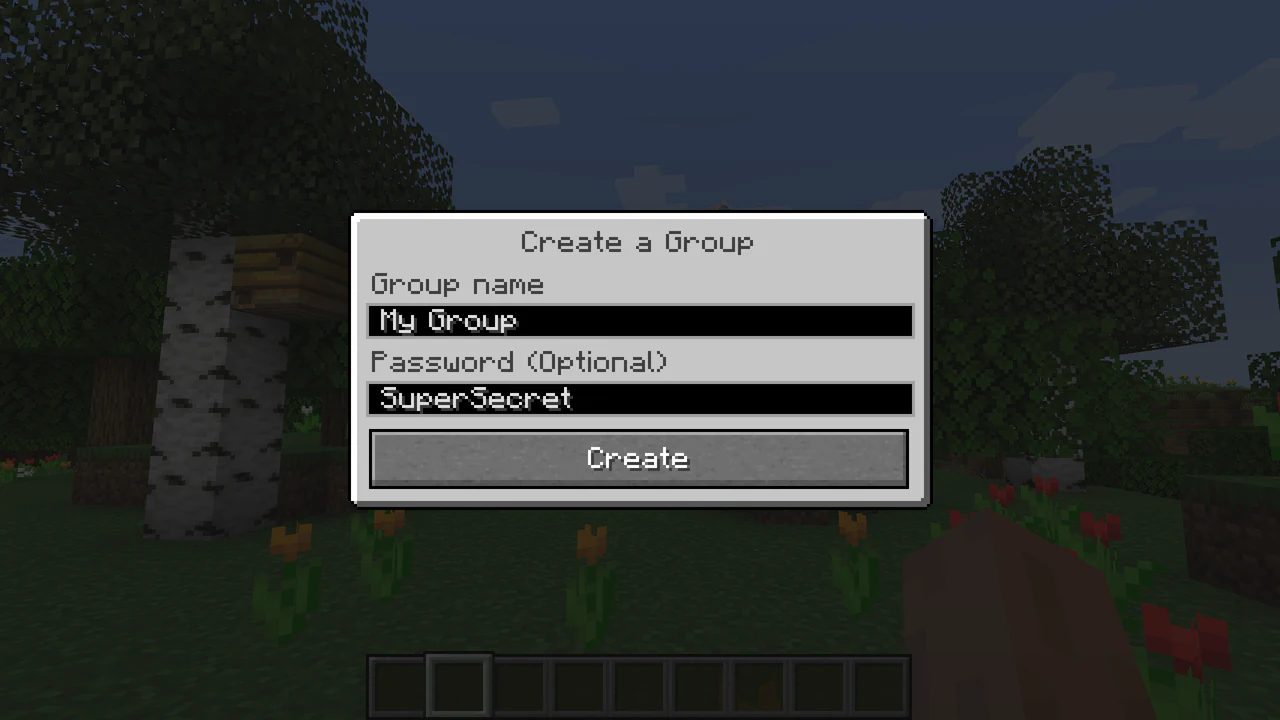 The Simple Voice Chat group-creation dialog with name and password fields