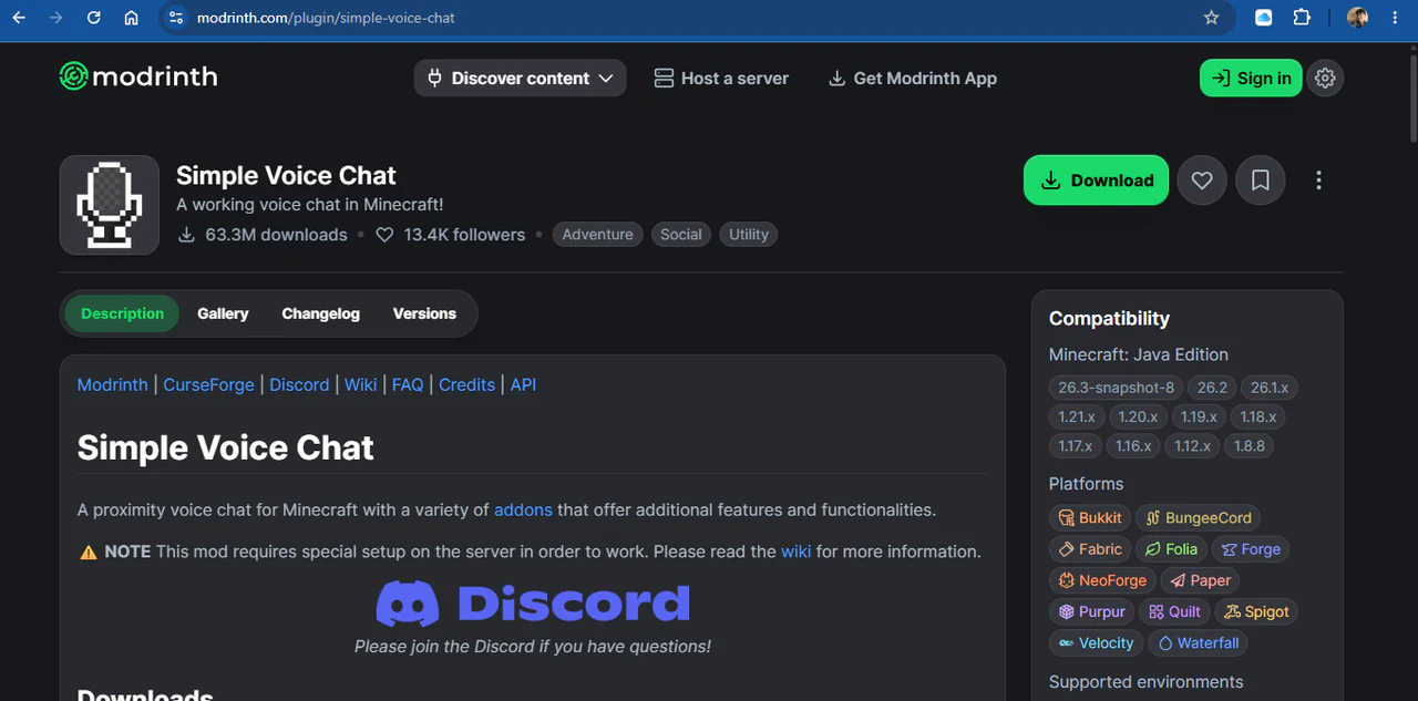 The official Modrinth page for the Simple Voice Chat mod