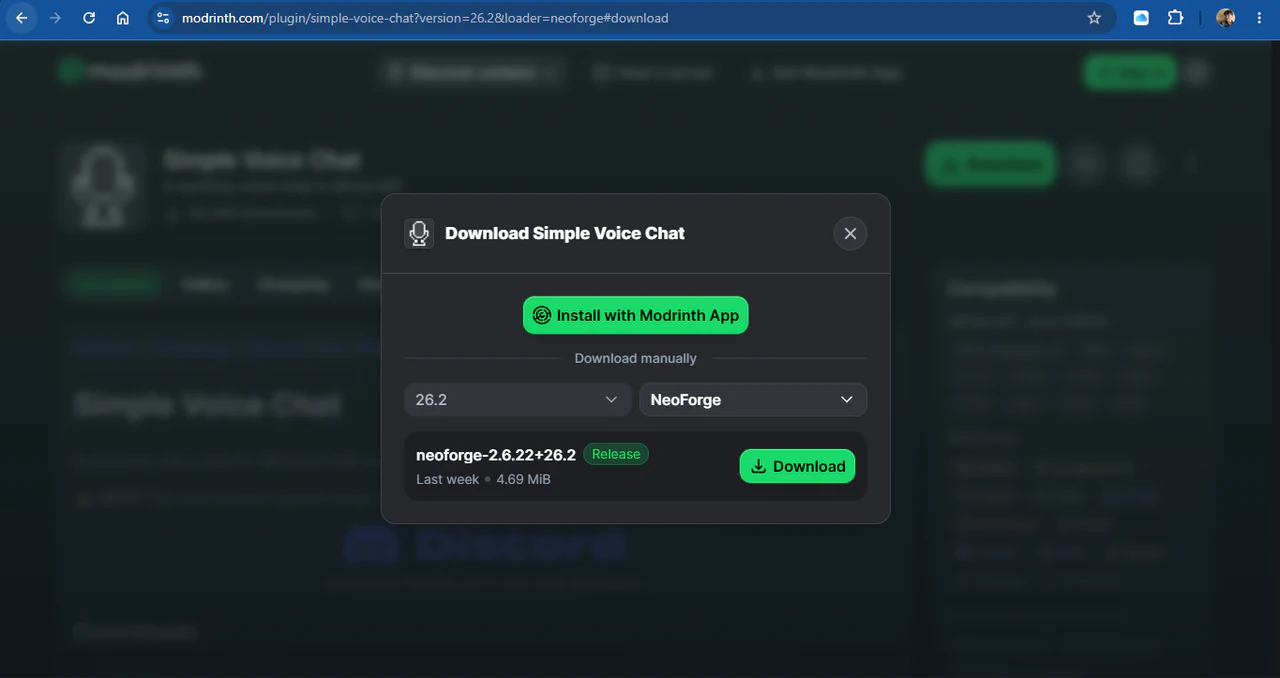 The Modrinth download dialog with Minecraft-version and mod-loader selectors