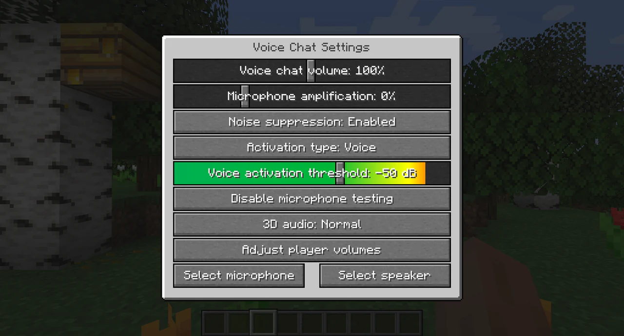 Voice Chat Settings showing volume, microphone, activation, and device controls