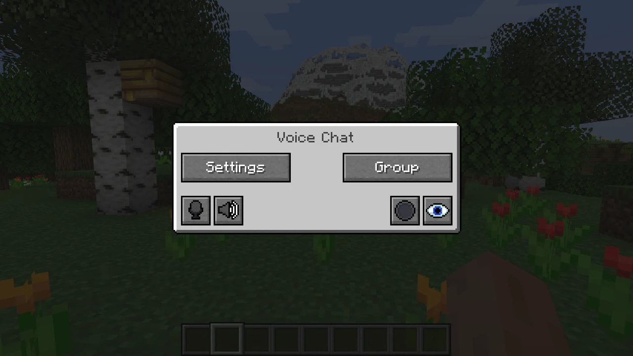 The Simple Voice Chat menu with Settings, Group, microphone, and audio controls
